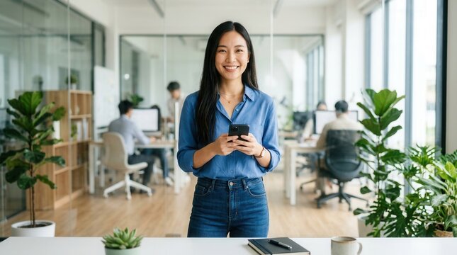 Smiling young woman using a smartphone in a modern office setting.