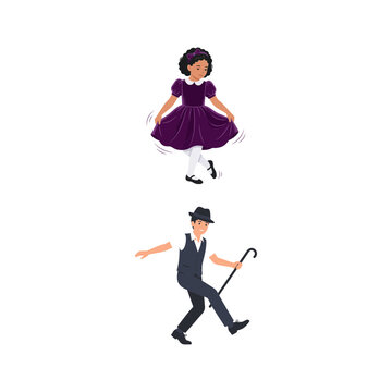 Children dancing Irish step dance in traditional costumes isolated illustration vector