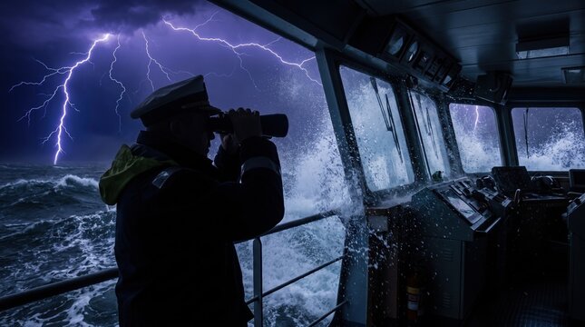 Ship Captain Navigating Through Severe Storm with Lightning and Rough Sea from Bridge