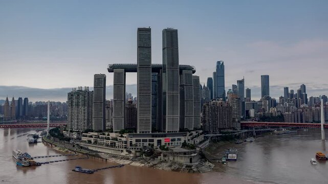 Chongqing cyberpunk city skyline with river