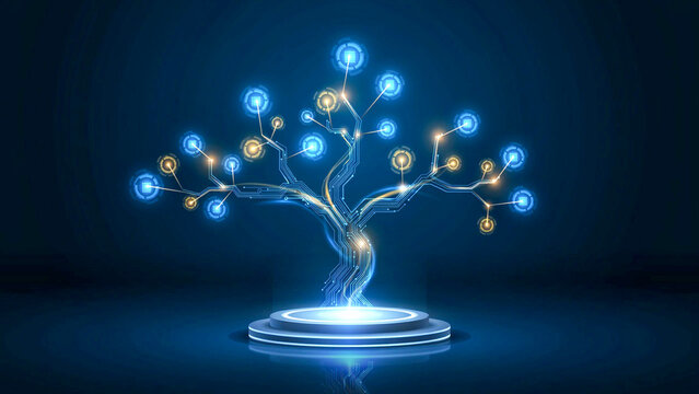 Glowing digital tree with intricate connections, symbolizing artificial intelligence, data networks, and future technology. A conceptual illustration of innovation and interconnected systems