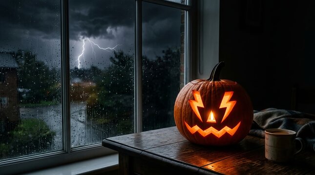 Orange halloween pumpkin with a jagged, lightning bolt carved face, brightly glowing on a wooden table beside a window,