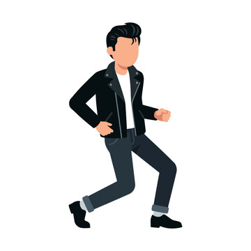 Vector illustration of a cool guy with pompadour hairstyle wearing a black leather jacket dancing rock and roll