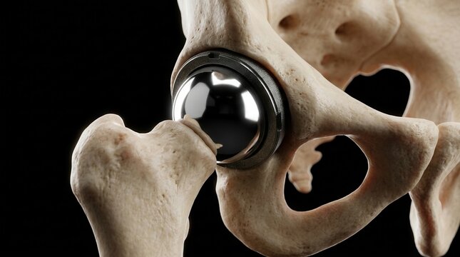 Anatomical illustration of a human hip joint featuring a surgical prosthetic ball and socket.