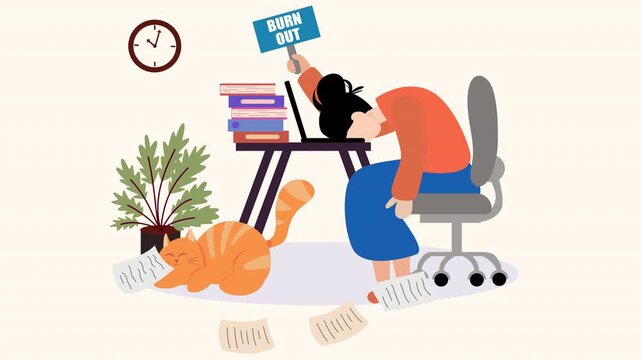 Burnout and Work Overload Concept Motion Graphic, Exhausted Woman Holding Burnout Sign Video