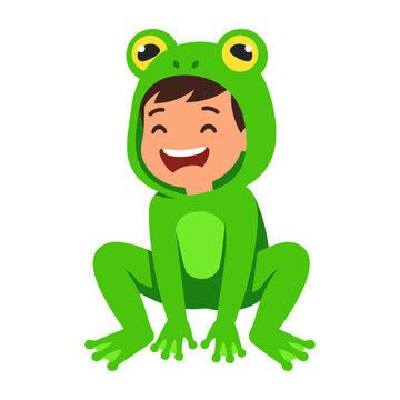 Cute happy child wearing a green frog costume for a fun party or holiday celebration vector illustration