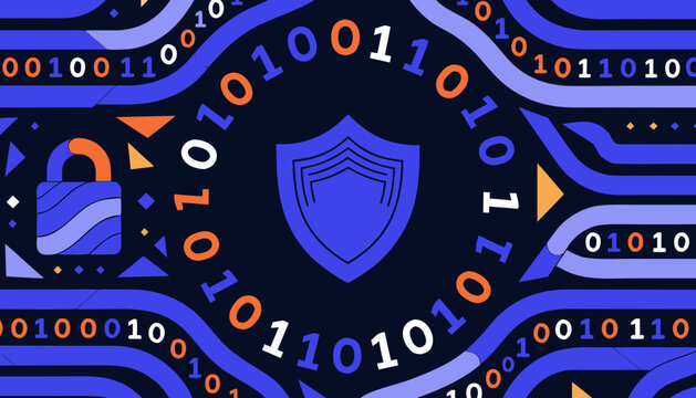 ** Cybersecurity Shield with Binary Code and Lock Icon for Digital Data Protection Concepts