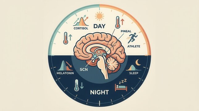 Circadian rhythm cycle infographic showing melatonin, cortisol peaks, and body temperature variations.