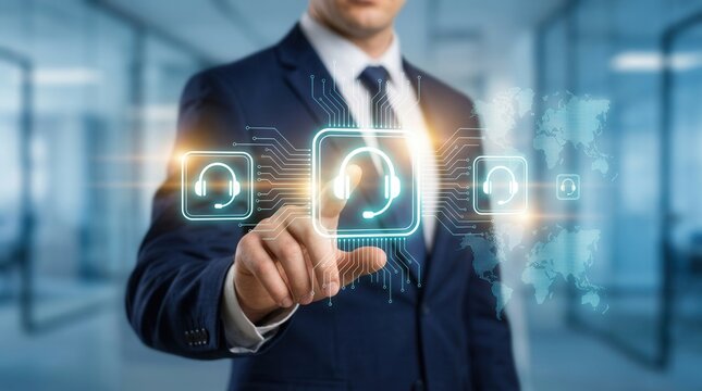 Businessman using a digital dashboard for integrated customer service management.