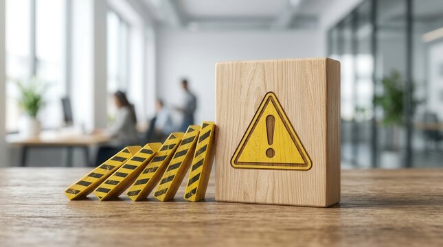 Conceptual image showing risk identification and mitigation using wooden blocks and a warning sign.