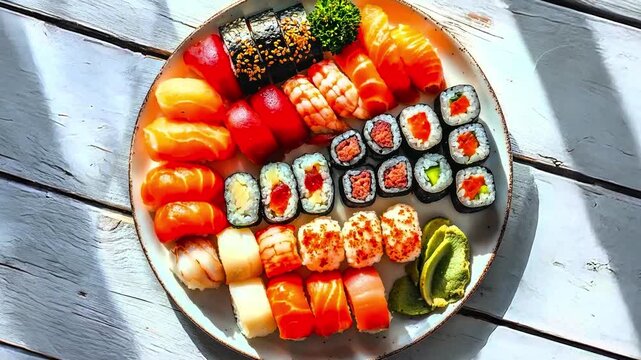 Colorful assortment of fresh sushi rolls and seafood arranged on a platter, 4K Video.