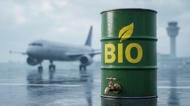 Green bio fuel container on an airport tarmac for sustainable aviation.