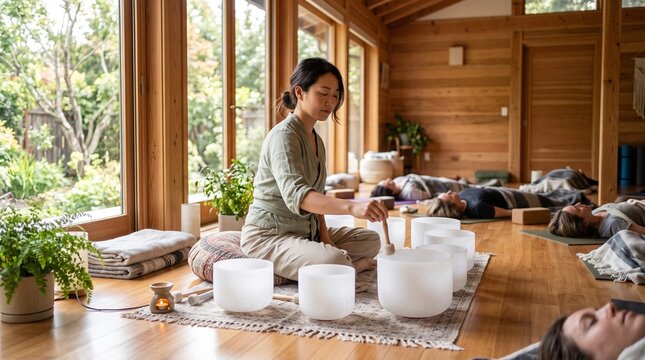 Therapist conducting sound bath with crystal singing bowls for group