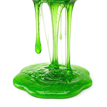 Vibrant green slime drips, sticky liquid substance with playful