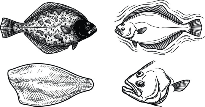 Vintage Hand Drawn Flounder and Halibut Flatfish Vector Icon Set Featuring Whole Fish Swimming Under Water Fillet Piece and Detailed Fish Head