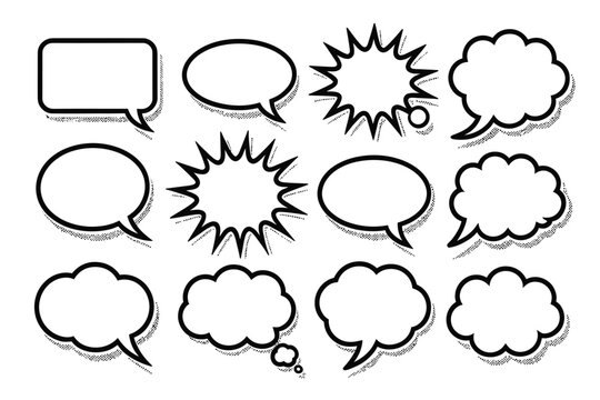 Black outline speech bubble collection with comic bursts isolated on white background for dialogue, messaging, comics, social media and design