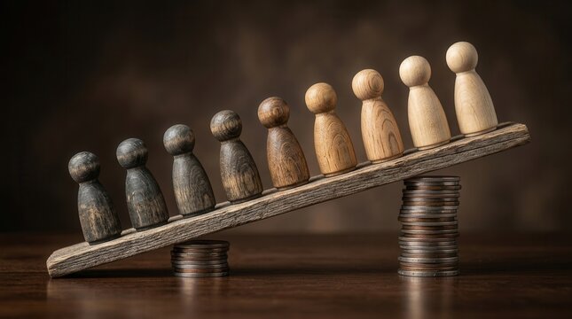 Wooden human figures on a tilted plank representing social inequality and economic gap.