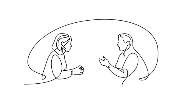 Two people talking continuous line art isolated on white background