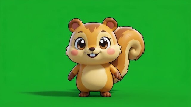 Adorable cartoon squirrel with big eyes and fluffy tail standing on a green screen background, perfect for animation and children's content.