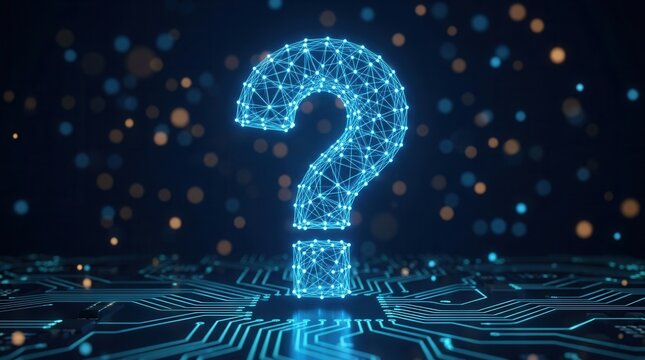 A glowing blue large question mark featuring a digital network design for technology and innovation.