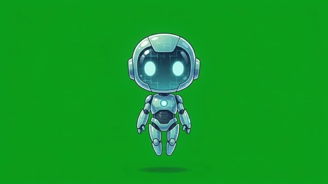 Cute small robot character floating on a green screen background for digital animation.