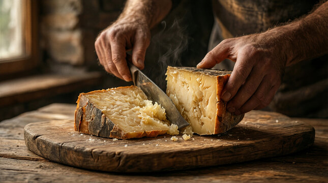 Gouda cheese, artisanal cheesemaker hands slice aged block on wooden board with crystalline crunch
