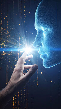 A human hand touches a glowing digital AI wireframe face in a futuristic matrix of binary code. Inspiring concept of artificial intelligence, connection, and hope, with no people.