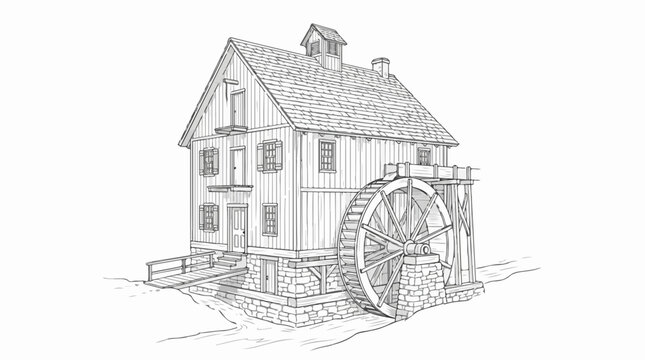 Vintage wooden watermill line art illustration with large water wheel