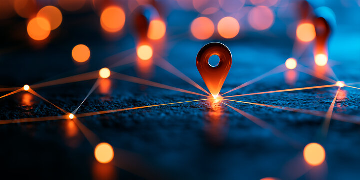 Abstract network of glowing location pins connected by light lines on a dark map