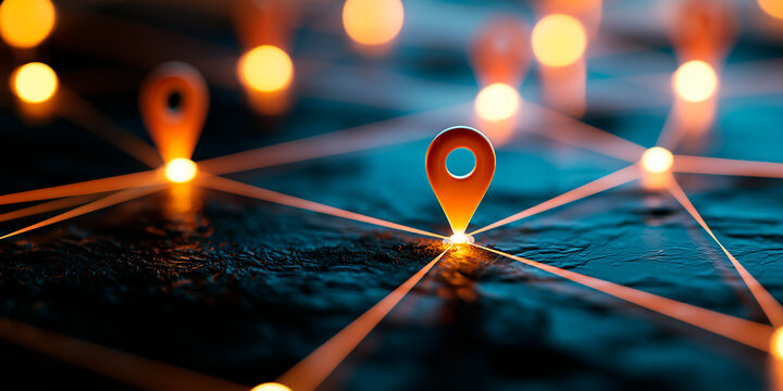 Abstract network of glowing location pins connected by light lines on a dark map