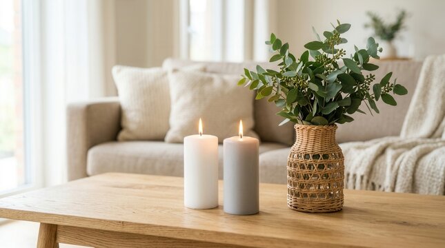 Two lit candles and eucalyptus in a woven vase on a wooden table for a minimalist home decor style.
