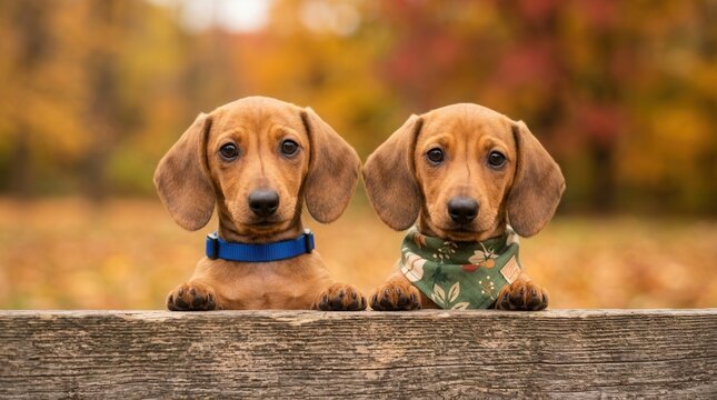 Two dachshund puppies with a blue collar and green bandana pose behind a wooden fence in autumn.