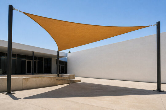 Ochre shade sail over an empty modern courtyard