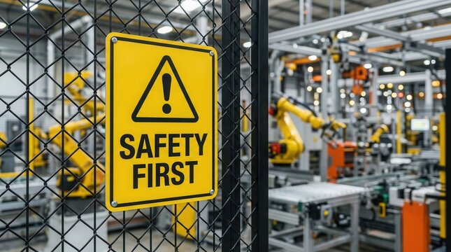 Yellow safety first warning sign mounted on a protective fence in an automated industrial factory.