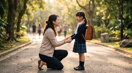 Obraz premium Mother kneeling and holding hands with daughter going to school