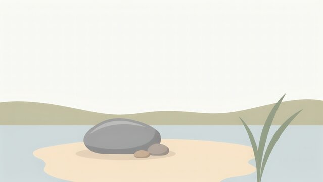 Minimalist vector illustration of a grey stone on a sandy shore with green grass with resting sandy beach