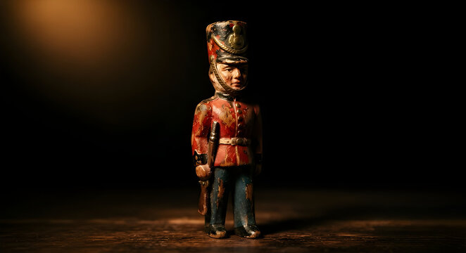 Vintage wooden toy soldier figurine on dark background