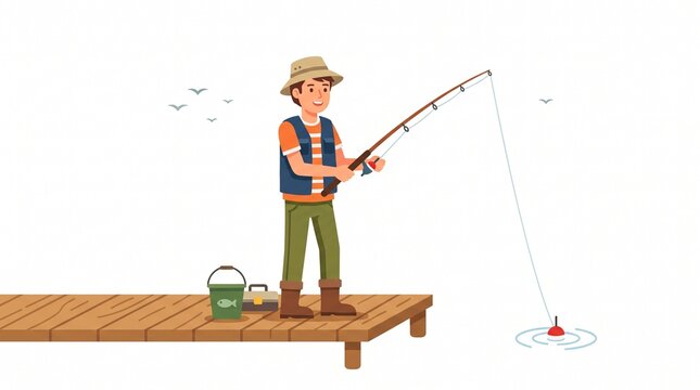 Fisherman holding a fishing rod on a wooden pier with gear and bucket isolated on white background
