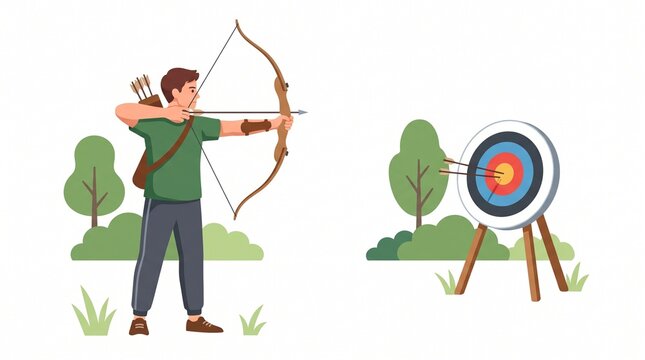Man practicing archery aiming bow and arrow at a bullseye target outdoors flat vector illustration for goal setting and achievement