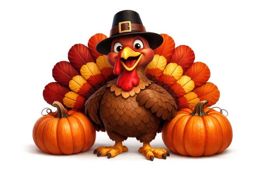 Cute cartoon turkey with pilgrim hat, Thanksgiving mascot illustration, autumn harvest bird with pumpkins on white