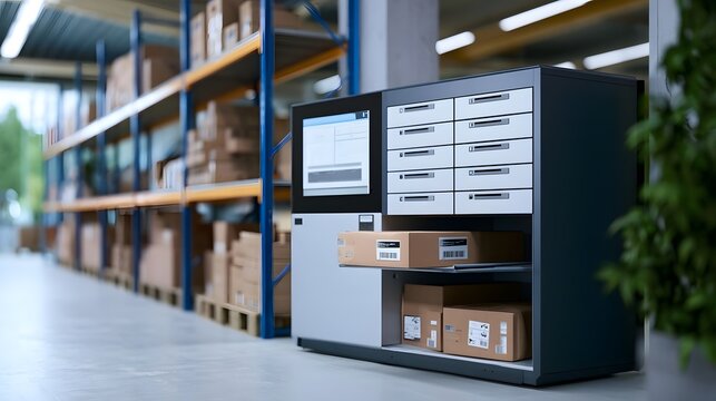 Modern parcel return station in a well organized warehouse with shelves and boxes in the background