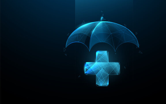 Blue umbrella protecting  medical cross signs