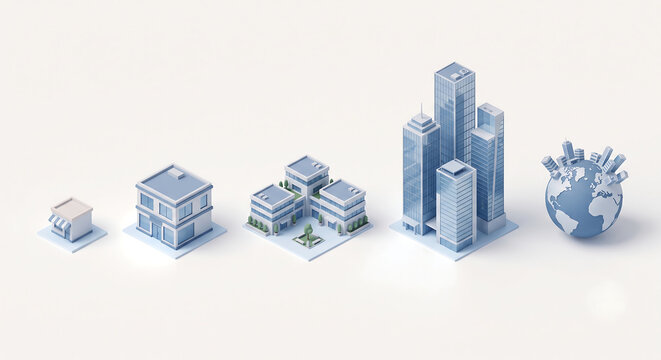 Scale of business growth from small business to enterprise and global corporation using 3D icons.
Concept 3D icons.