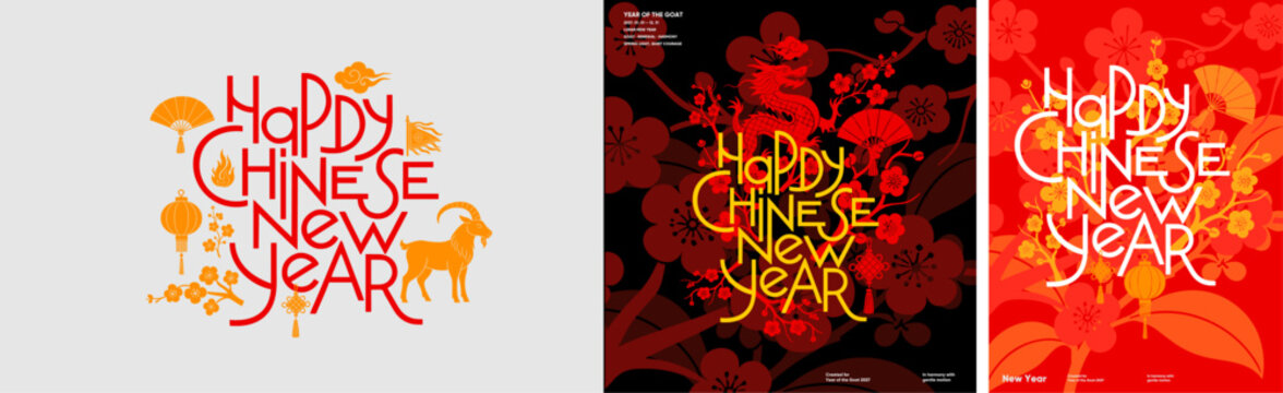 Design collection of Happy Chinese New Year greeting posters featuring a goat, dragon, lanterns, fans, floral branches and decorative lettering for the Year of the Goat.
