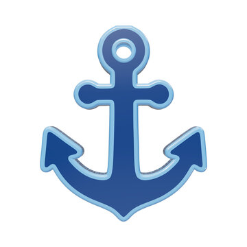 Three dimensional blue nautical anchor with light blue border isolated on a transparent background