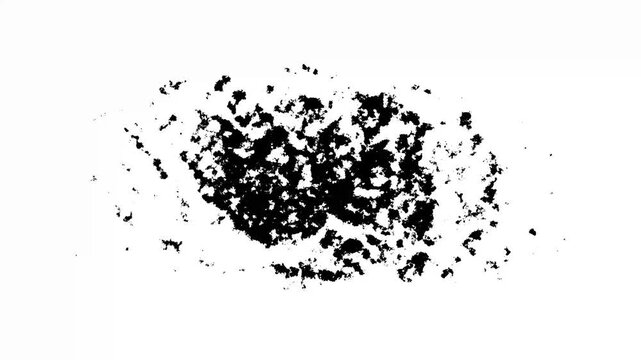 Black ink blot spreading across a bright white background, smooth liquid expansion, splash particles, watercolor paint texture, artistic  reveal, motion graphics overlay, 4K animation.