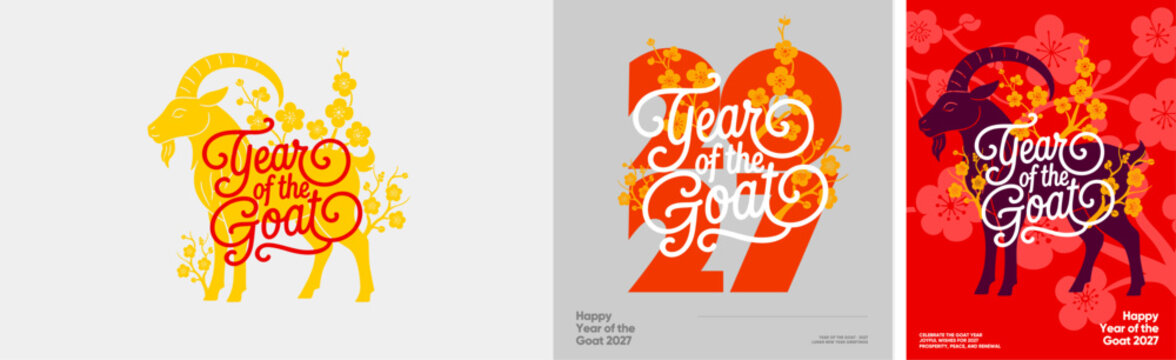 Design collection of Year of the Goat 2027 greeting posters features stylized goat silhouettes, ornate lettering, and blooming floral branches on contrasting backgrounds.