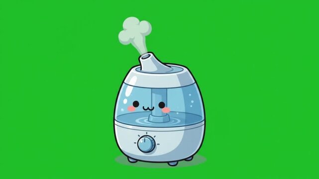 Cute cartoon humidifier with steam vapor on a green background