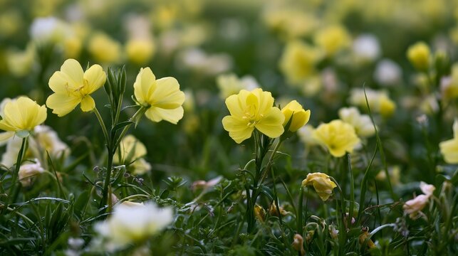 Yellow flowers bloom in a lush green field under soft natural light  creating a serene and vibrant natural scene