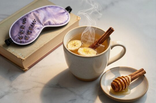 Steaming cup of banana and cinnamon tea beside book and mask